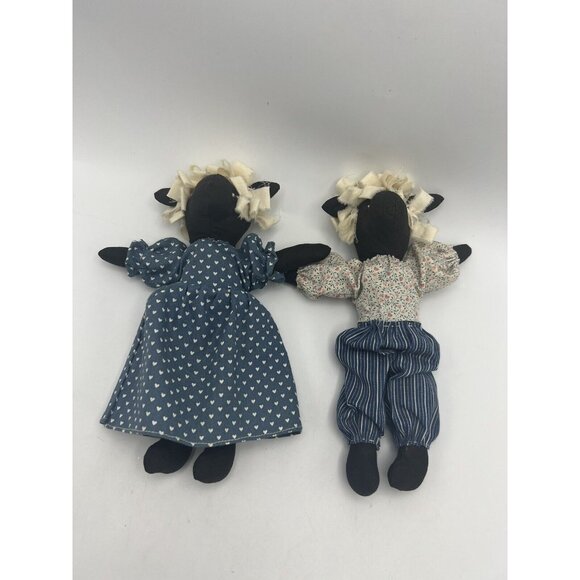 2 Folk Art Primitive Handmade Black Sheep Boy Girl Dress Pantaloons 8" Soft Toy - Picture 7 of 8